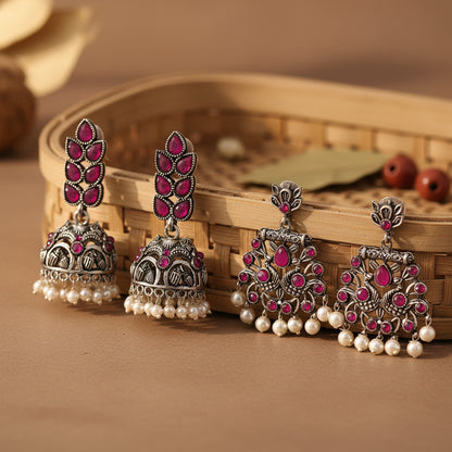 Leaf Cascade jhumki earrings (Red) Peacock glow stone studded dangler earrings (Red) Combo set