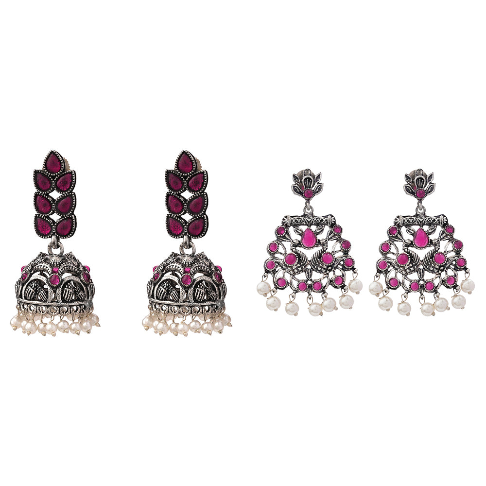 Leaf Cascade jhumki earrings (Red) Peacock glow stone studded dangler earrings (Red) Combo set