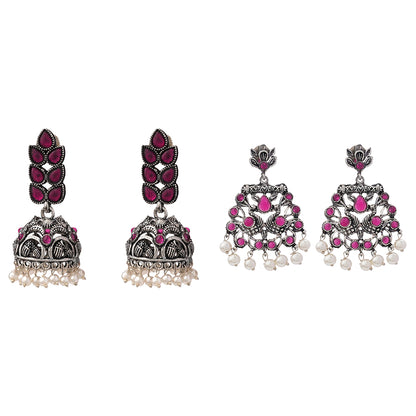 Leaf Cascade jhumki earrings (Red) Peacock glow stone studded dangler earrings (Red) Combo set