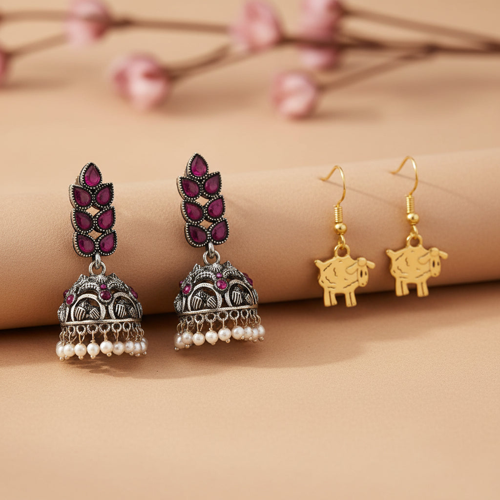 Leaf Cascade jhumki earrings (Red) Ba Ba dangler earrings Combo set