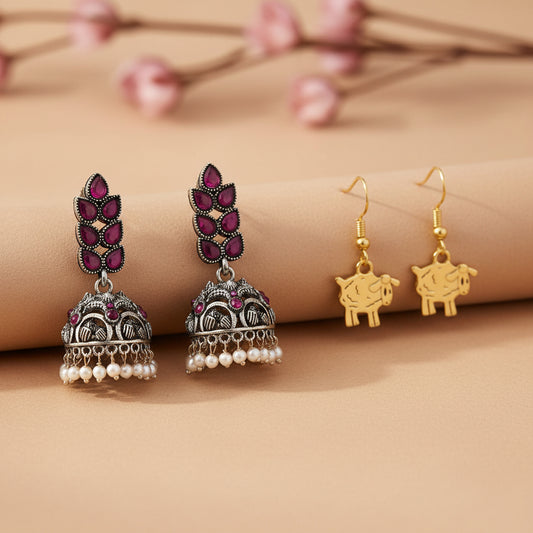 Leaf Cascade jhumki earrings (Red) Ba Ba dangler earrings Combo set