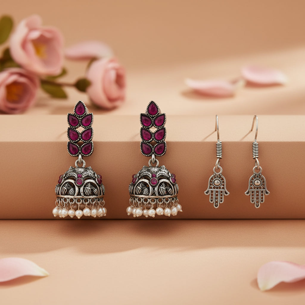Leaf Cascade jhumki earrings (Red) Evil Eye guard dangler earrings (Silver) Combo set