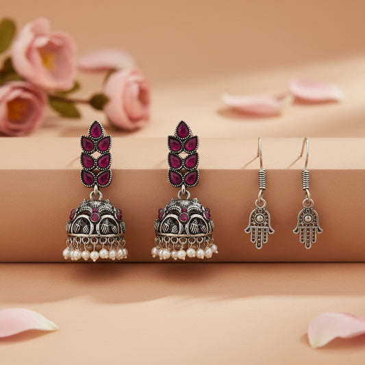 Leaf Cascade jhumki earrings (Red) Evil Eye guard dangler earrings (Silver) Combo set