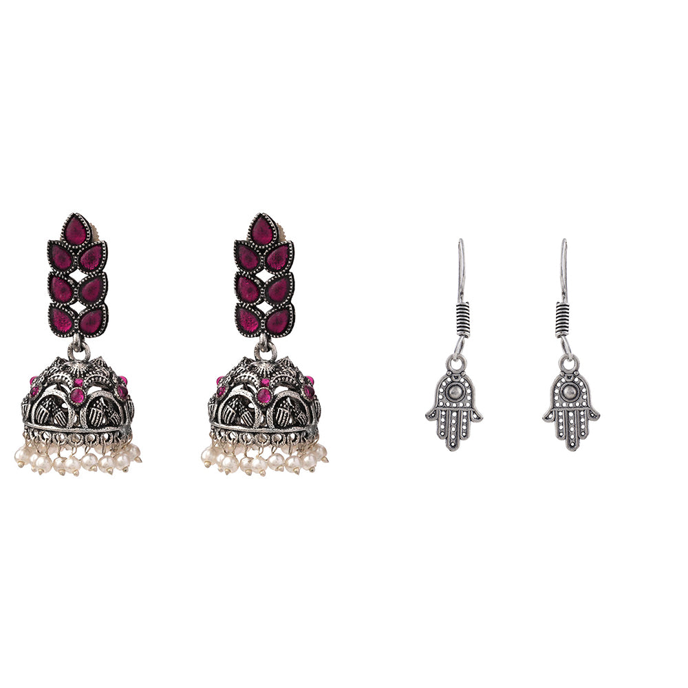 Leaf Cascade jhumki earrings (Red) Evil Eye guard dangler earrings (Silver) Combo set