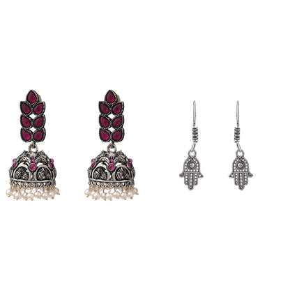 Leaf Cascade jhumki earrings (Red) Evil Eye guard dangler earrings (Silver) Combo set