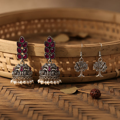 Leaf Cascade jhumki earrings (Red) Roots of elegance dangler earrings (Silver) Combo set