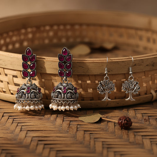 Leaf Cascade jhumki earrings (Red) Roots of elegance dangler earrings (Silver) Combo set