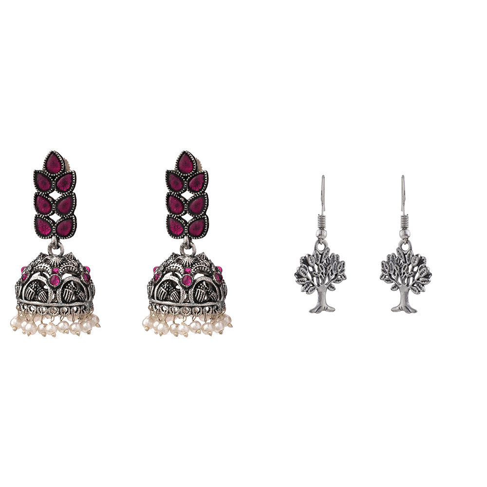 Leaf Cascade jhumki earrings (Red) Roots of elegance dangler earrings (Silver) Combo set