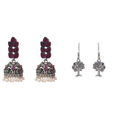 Leaf Cascade jhumki earrings (Red) Roots of elegance dangler earrings (Silver) Combo set