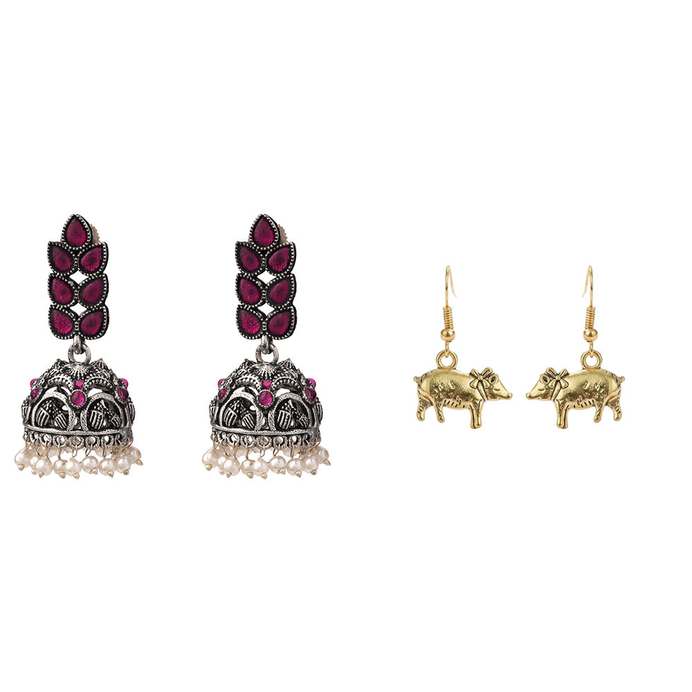 Leaf Cascade jhumki earrings (Red) piggy dangler earrings Combo set