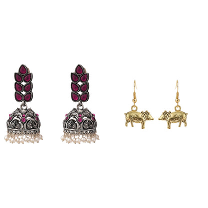 Leaf Cascade jhumki earrings (Red) piggy dangler earrings Combo set