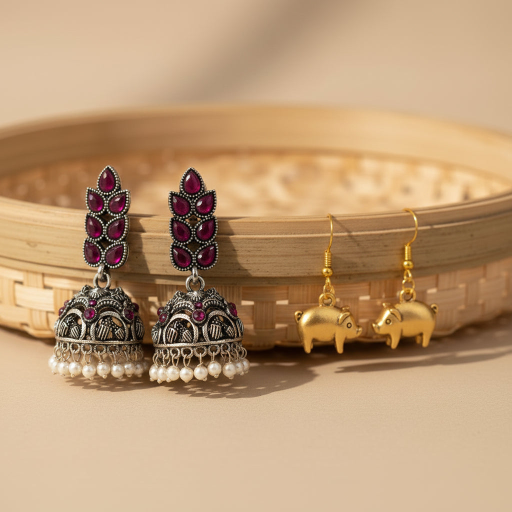 Leaf Cascade jhumki earrings (Red) piggy dangler earrings Combo set