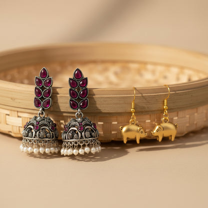 Leaf Cascade jhumki earrings (Red) piggy dangler earrings Combo set