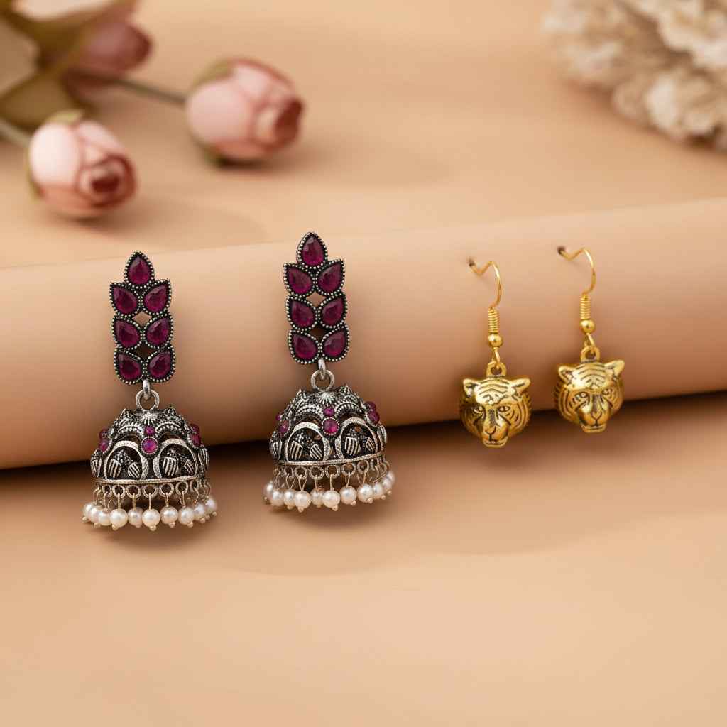 Leaf Cascade jhumki earrings (Red) fiercely flawless dangler earrings Combo set