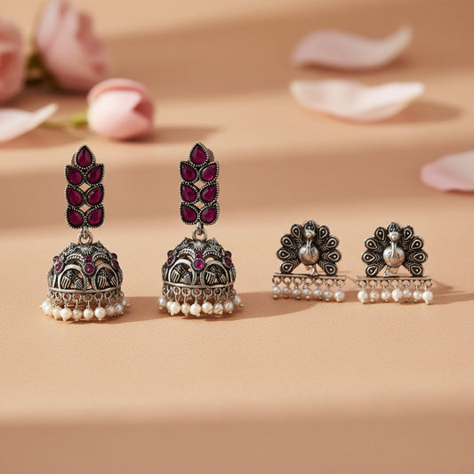 Leaf Cascade jhumki earrings (Red) Meena Manjari stone stud earrings (Silver) Combo set
