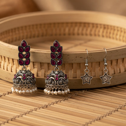 Leaf Cascade jhumki earrings (Red) You're a star dangler earrings (Silver) Combo set