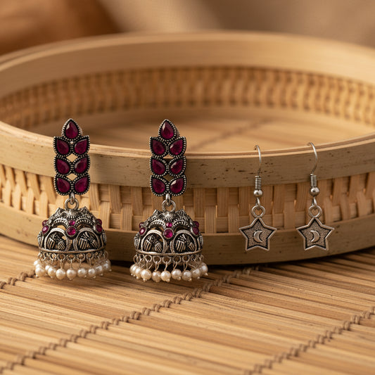 Leaf Cascade jhumki earrings (Red) You're a star dangler earrings (Silver) Combo set