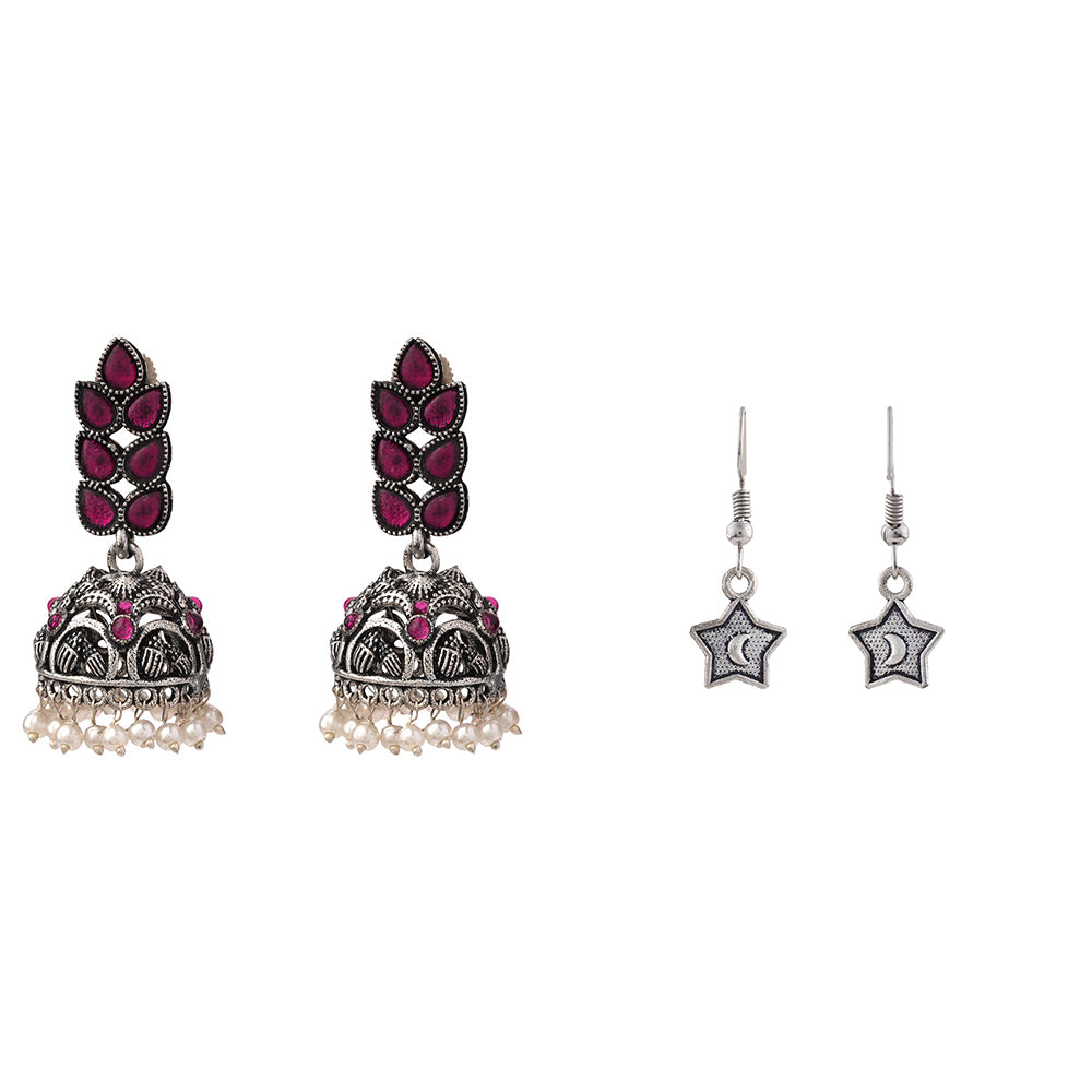 Leaf Cascade jhumki earrings (Red) You're a star dangler earrings (Silver) Combo set