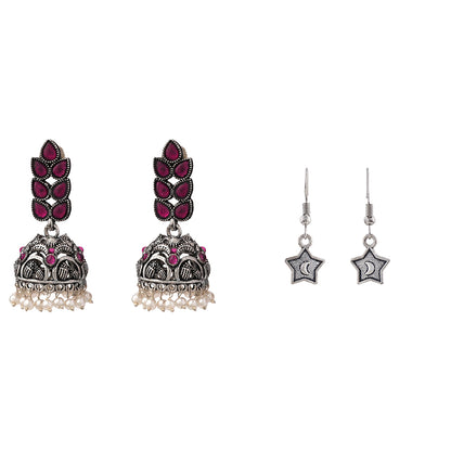 Leaf Cascade jhumki earrings (Red) You're a star dangler earrings (Silver) Combo set
