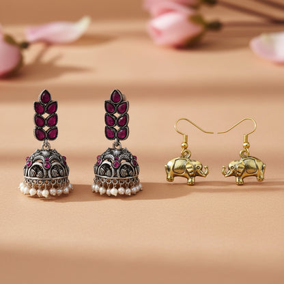 Leaf Cascade jhumki earrings (Red) Eleglam dangler earrings Combo set