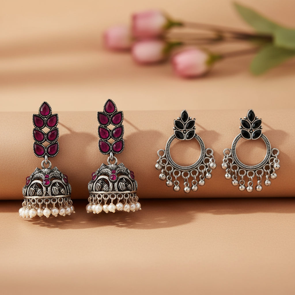 Leaf Cascade jhumki earrings (Red) Fine Shine stud earrings (Black) Combo set