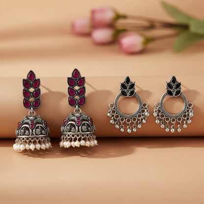 Leaf Cascade jhumki earrings (Red) Fine Shine stud earrings (Black) Combo set