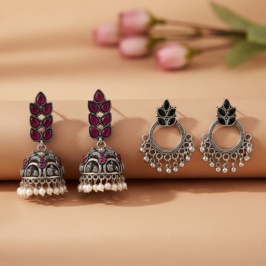 Leaf Cascade jhumki earrings (Red) Fine Shine stud earrings (Black) Combo set