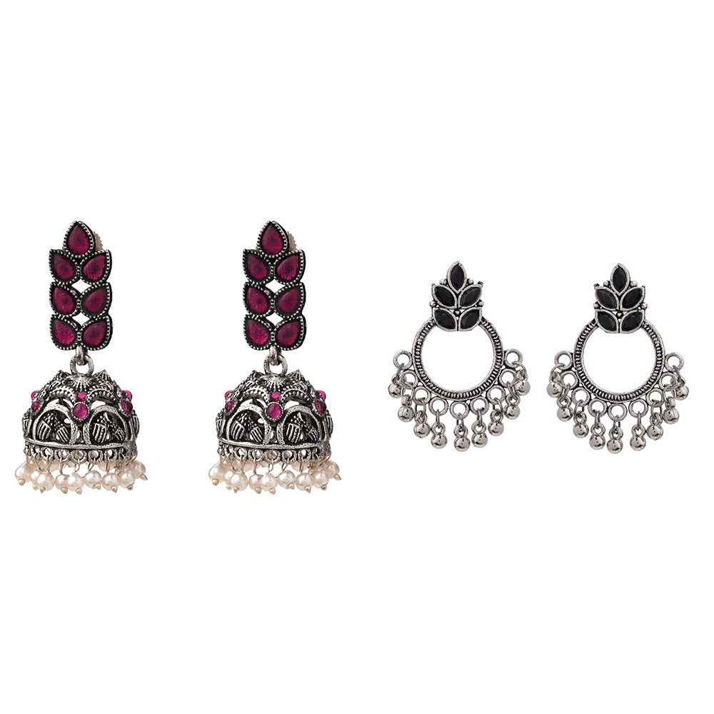 Leaf Cascade jhumki earrings (Red) Fine Shine stud earrings (Black) Combo set