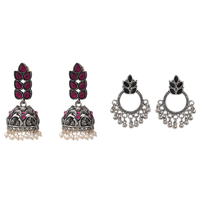 Leaf Cascade jhumki earrings (Red) Fine Shine stud earrings (Black) Combo set