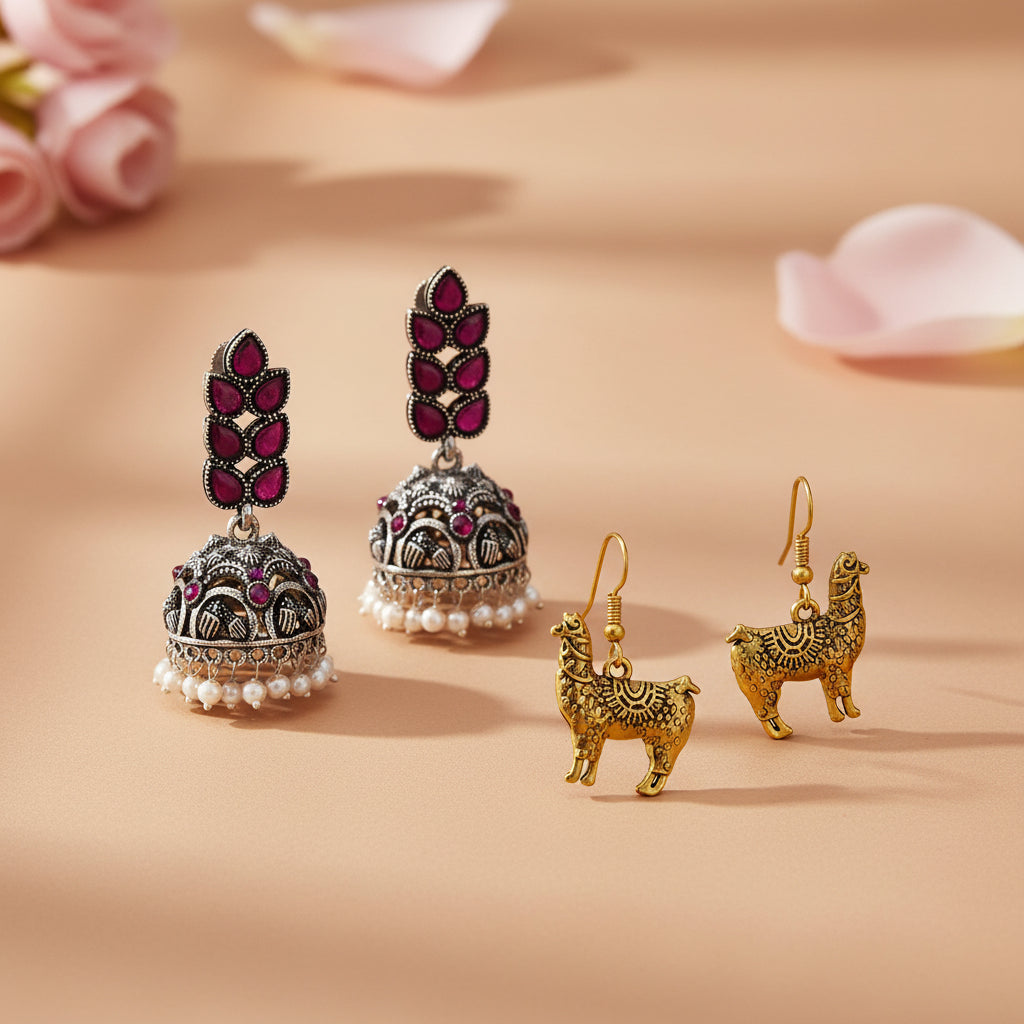 Leaf Cascade jhumki earrings (Red) Lama Drama dangler earrings Combo set