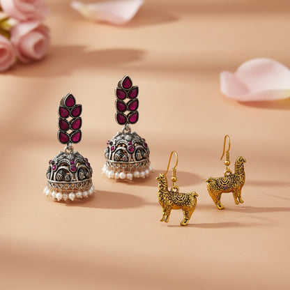 Leaf Cascade jhumki earrings (Red) Lama Drama dangler earrings Combo set