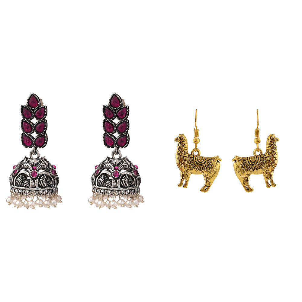Leaf Cascade jhumki earrings (Red) Lama Drama dangler earrings Combo set