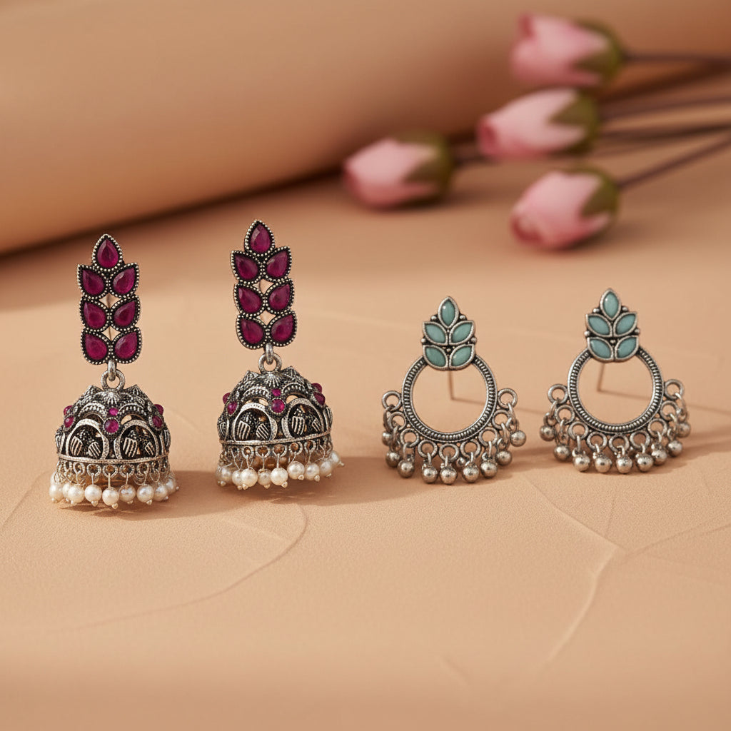 Leaf Cascade jhumki earrings (Red) Fine Shine stud earrings (Mint) Combo set