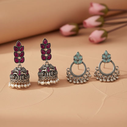 Leaf Cascade jhumki earrings (Red) Fine Shine stud earrings (Mint) Combo set