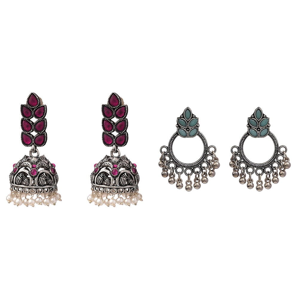 Leaf Cascade jhumki earrings (Red) Fine Shine stud earrings (Mint) Combo set