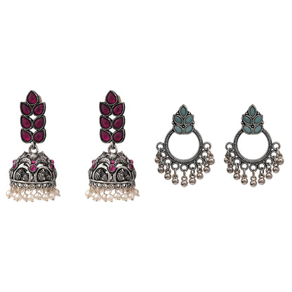 Leaf Cascade jhumki earrings (Red) Fine Shine stud earrings (Mint) Combo set