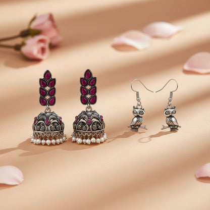 Leaf Cascade jhumki earrings (Red) Wise Wink dangler earrings (Silver) Combo set