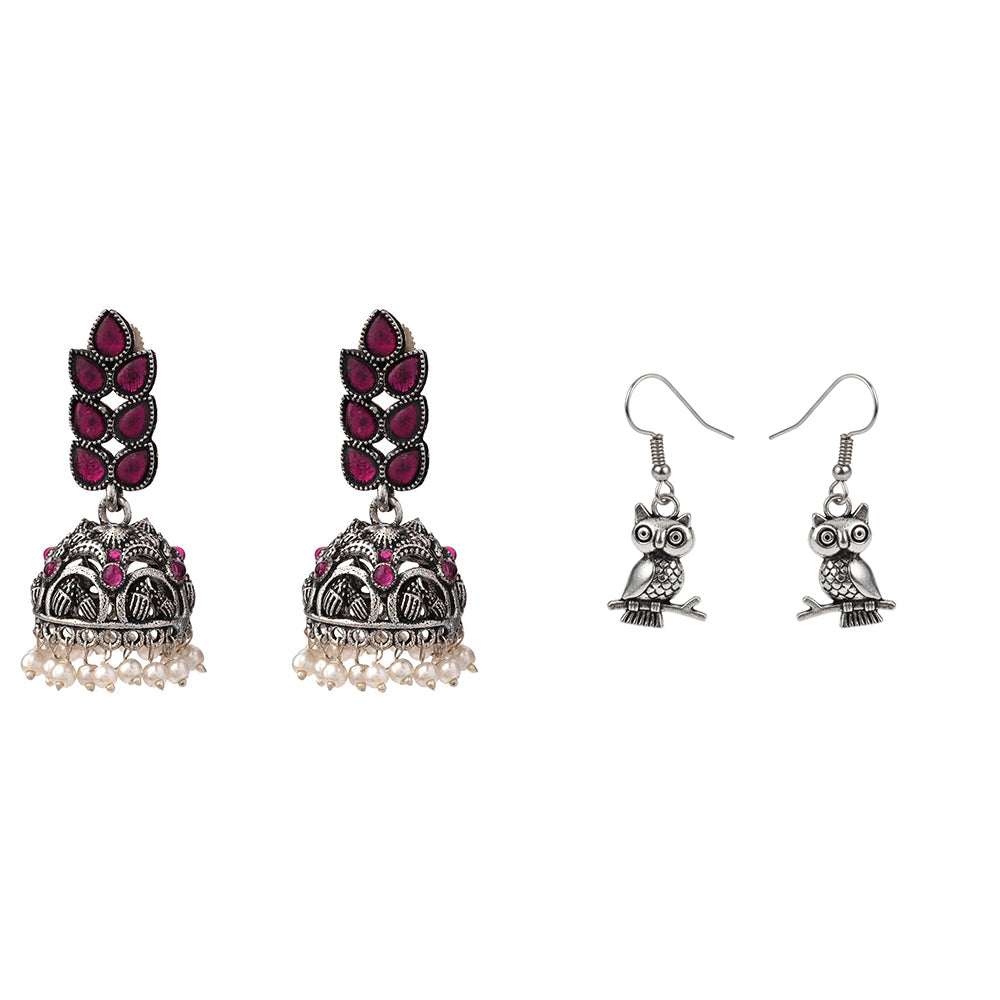 Leaf Cascade jhumki earrings (Red) Wise Wink dangler earrings (Silver) Combo set
