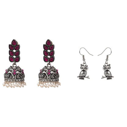 Leaf Cascade jhumki earrings (Red) Wise Wink dangler earrings (Silver) Combo set