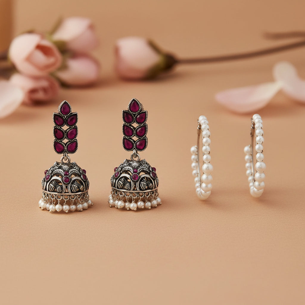 Leaf Cascade jhumki earrings (Red) Pearl Prestige hoop earrings (White) Combo set