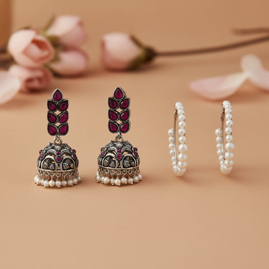 Leaf Cascade jhumki earrings (Red) Pearl Prestige hoop earrings (White) Combo set