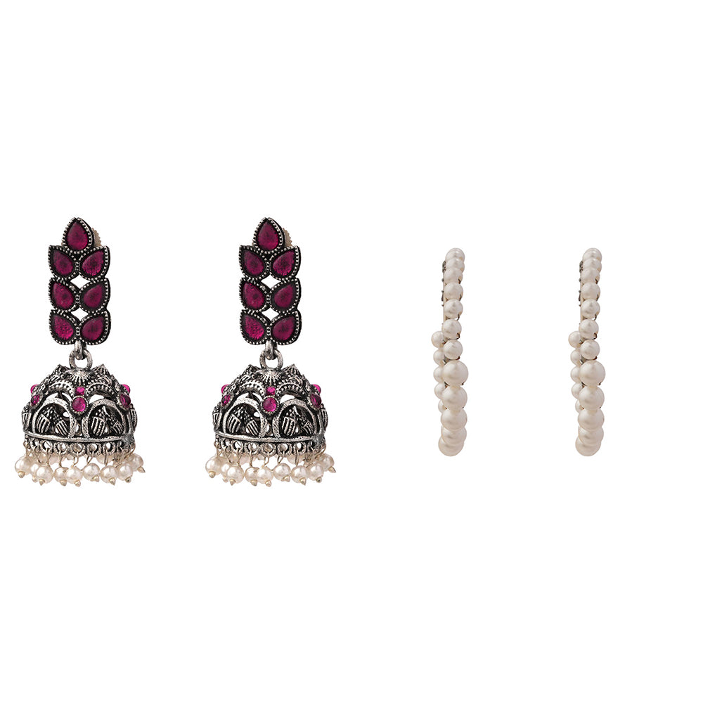 Leaf Cascade jhumki earrings (Red) Pearl Prestige hoop earrings (White) Combo set