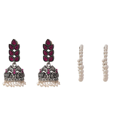 Leaf Cascade jhumki earrings (Red) Pearl Prestige hoop earrings (White) Combo set