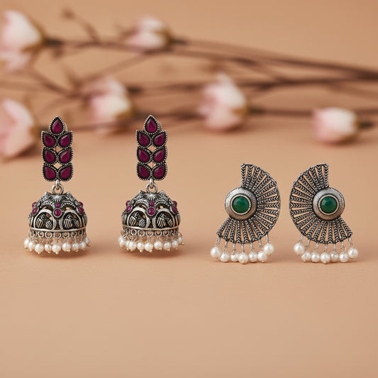 Leaf Cascade jhumki earrings (Red) Bloom Arc pearl stud earring (Green) Combo set