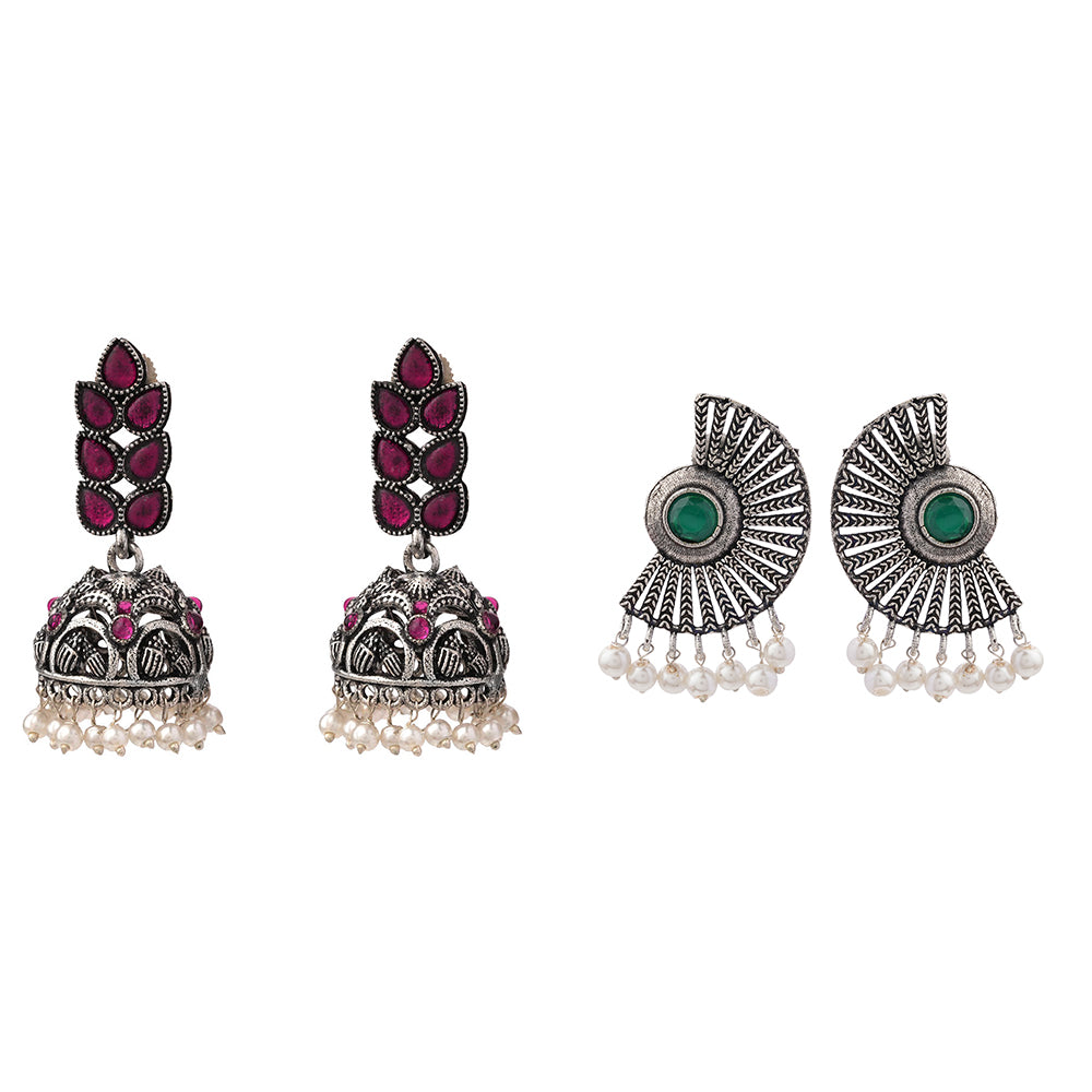 Leaf Cascade jhumki earrings (Red) Bloom Arc pearl stud earring (Green) Combo set