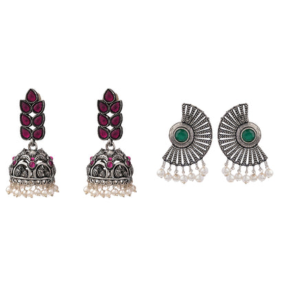 Leaf Cascade jhumki earrings (Red) Bloom Arc pearl stud earring (Green) Combo set