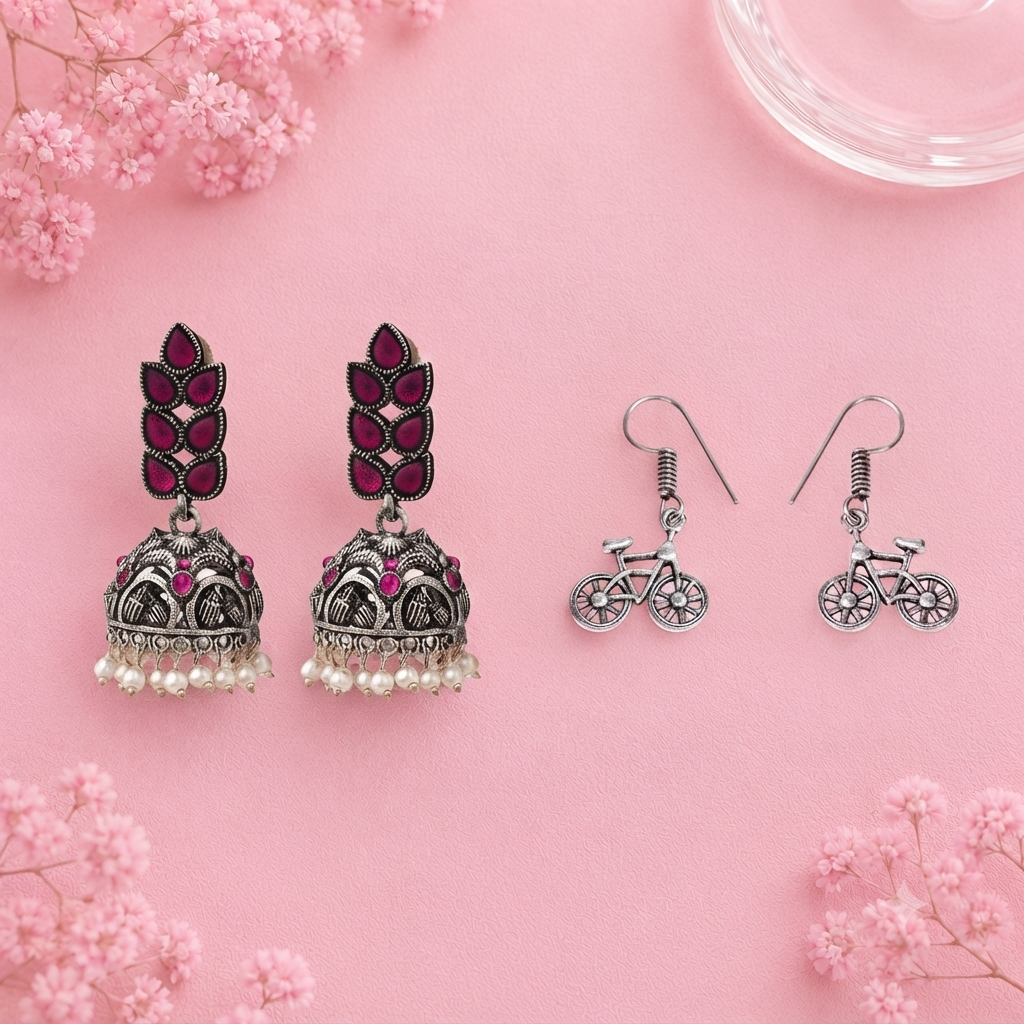 Leaf Cascade jhumki earrings (Red) Cycle Charm Dangler earrings (Silver) Combo set