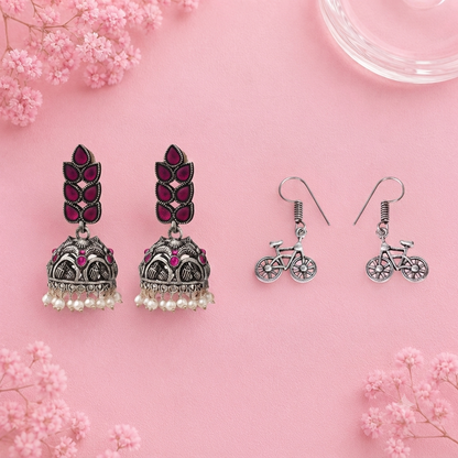 Leaf Cascade jhumki earrings (Red) Cycle Charm Dangler earrings (Silver) Combo set