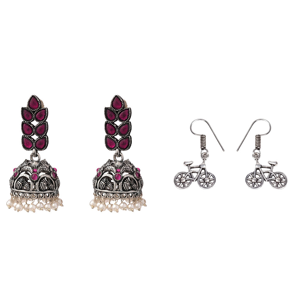 Leaf Cascade jhumki earrings (Red) Cycle Charm Dangler earrings (Silver) Combo set