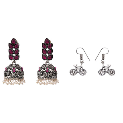 Leaf Cascade jhumki earrings (Red) Cycle Charm Dangler earrings (Silver) Combo set